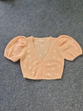 For Love & Lemons Embroidered Buds Puff Sleeve Cropped Cardigan M